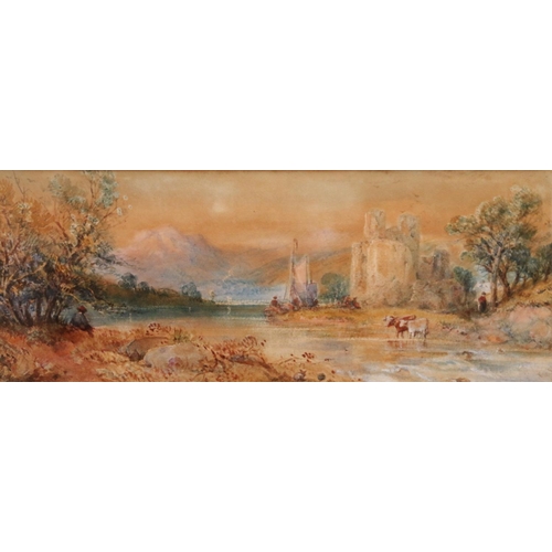 444 - THOMAS CHARLES LEESON ROWBOTHAM (British 1823-1875), castle ruins by a lake, watercolour, 12cm x 31c... 