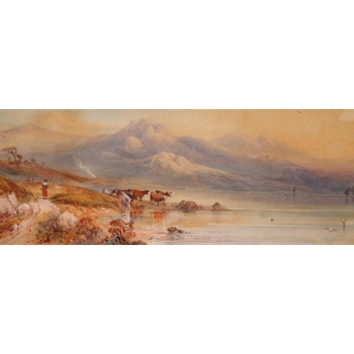 445 - THOMAS CHARLES LEESON ROWBOTHAM (British 1823-1875), cattle watering by a lake, watercolour, 12cm x ... 