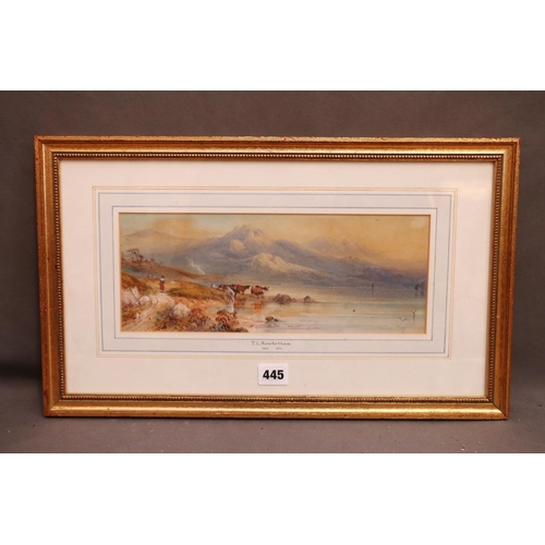 445 - THOMAS CHARLES LEESON ROWBOTHAM (British 1823-1875), cattle watering by a lake, watercolour, 12cm x ... 