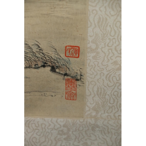 400E - Chinese watercolour depicting a valley scene, with character marks and red seals.