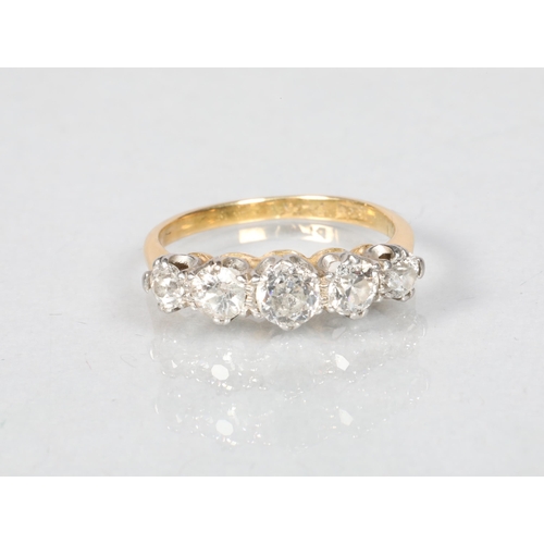 63 - 18 carat yellow gold five stone diamond ring; ring size J; 3.1g gross weight