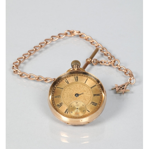 80 - 14 carat yellow gold cased open face pocket watch; on an unmarked yellow metal chain and T-bar and M... 