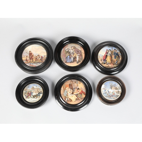 180 - Six assorted framed 19th / 20th century transfer decorated Prattware pot lids