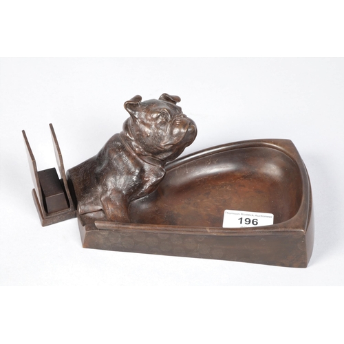 196 - Early 20th century cast bronze ashtray / vesta set; surmounted with Bulldog head; 21cm wide