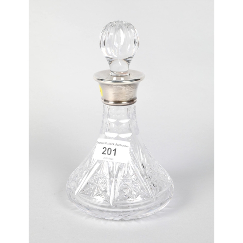 201 - Elizabeth II hallmarked silver collared cut glass decanter; 19cm high