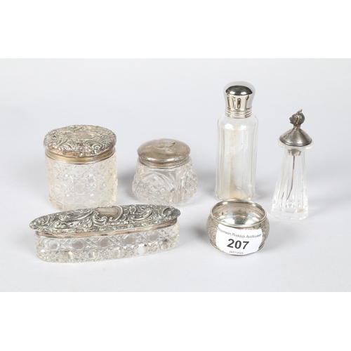 207 - Five silver topped glass jars; together with a silver napkin ring (6)