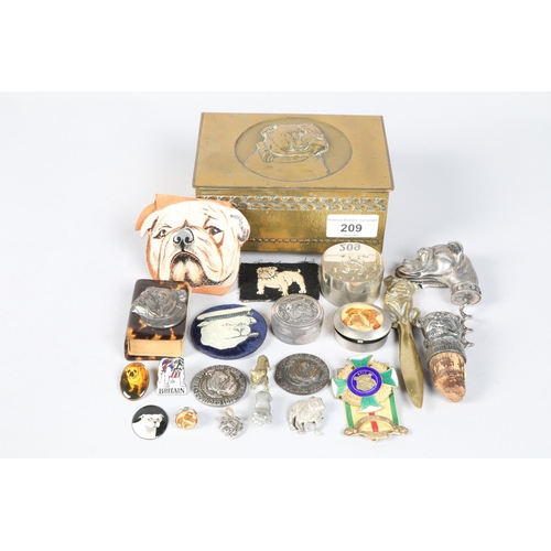 209 - Brass 'bulldog' mounted casket together with assorted white metal mounted pillboxes; cloth badges an... 