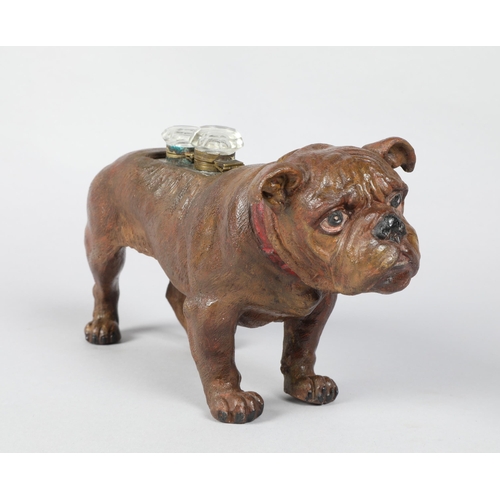 213 - 20th century cold painted bronze 'Bulldog' two bottle ink stand; 12cm high