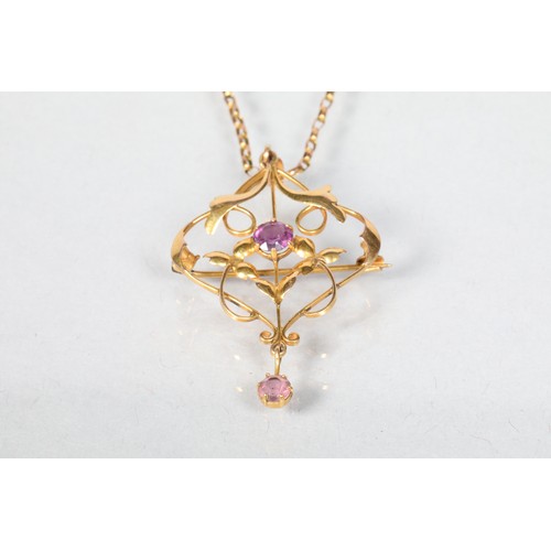 67 - Unmarked 9 carat yellow metal and Amethyst set pendant; on 9 carat yellow gold chain; 4.7g gross wei... 