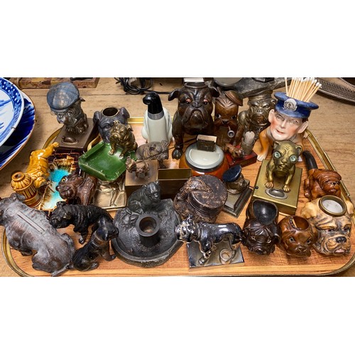 338 - Assortment of Bulldog and Smoking related items including pipes, match holders, cold painted bronzes