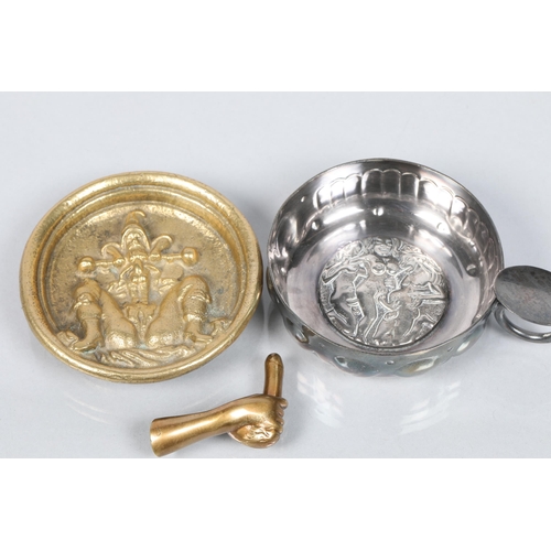 101 - 20th century French white metal taste du vin; together a brass trinket dish and a brass ornament&nbs... 