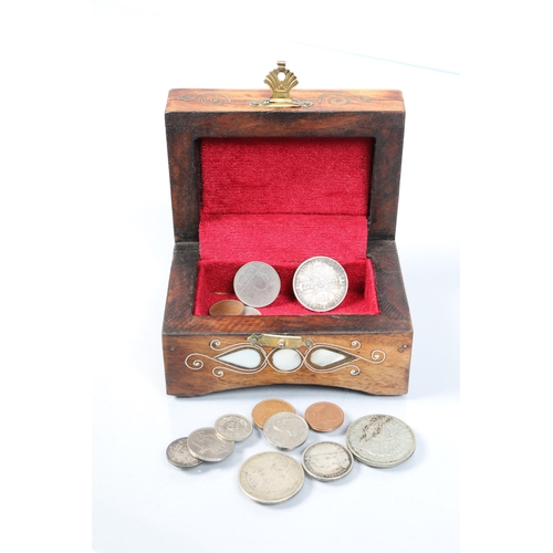 99 - Small quantity of British and World coins; in an inlaid mother of pearl box