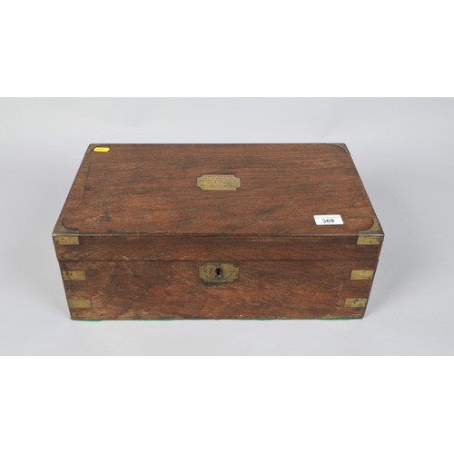 369 - 19th century walnut brass bound writing slope; bearing presentation boxes; 46cm wide