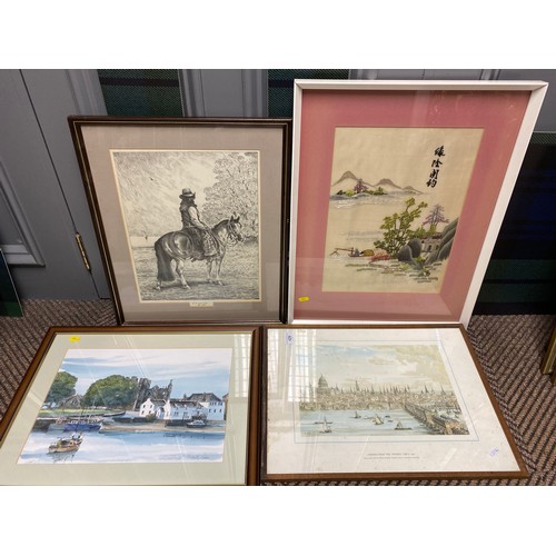 429 - Three prints, including view of London and a chinese embroidered picture in frames (4)