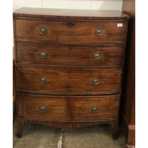 622 - Regency inlaid mahogany bow fronted chest of four graduating drawers; raised on shaped bracket feet;... 