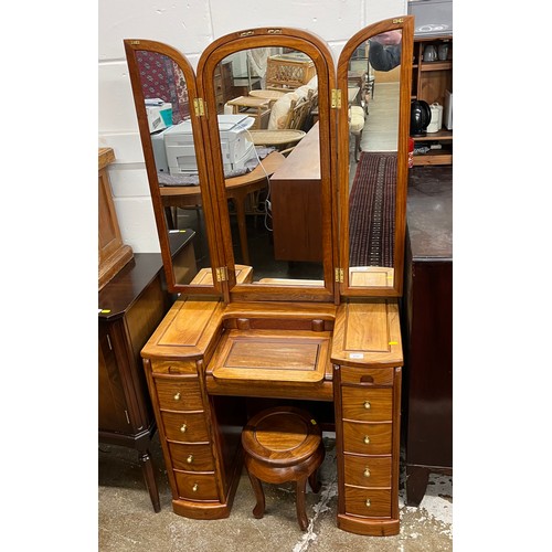 610 - Chinese hardwood mirror back dressing table and stool; 81cm wide