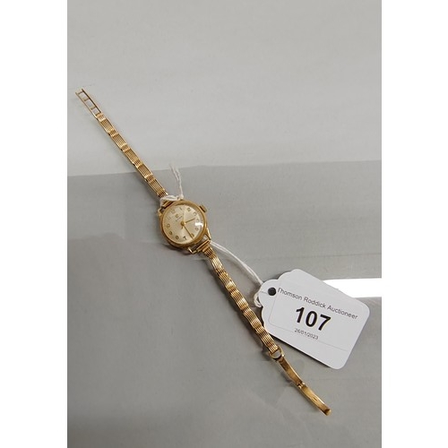 107 - Ladies 9 carat yellow gold Cyma wristwatch; with Arabic numerals; 17.8g gross weight