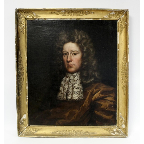 214 - Manner of John Riley.Portrait of a late 17th century aristocratic gentleman with wig and lace jabot,... 