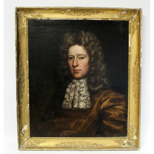 214 - Manner of John Riley.Portrait of a late 17th century aristocratic gentleman with wig and lace jabot,... 