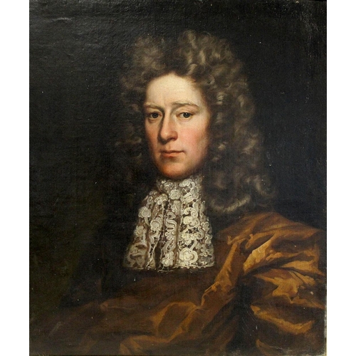 214 - Manner of John Riley.Portrait of a late 17th century aristocratic gentleman with wig and lace jabot,... 