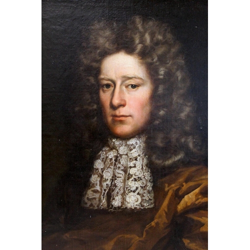 214 - Manner of John Riley.Portrait of a late 17th century aristocratic gentleman with wig and lace jabot,... 