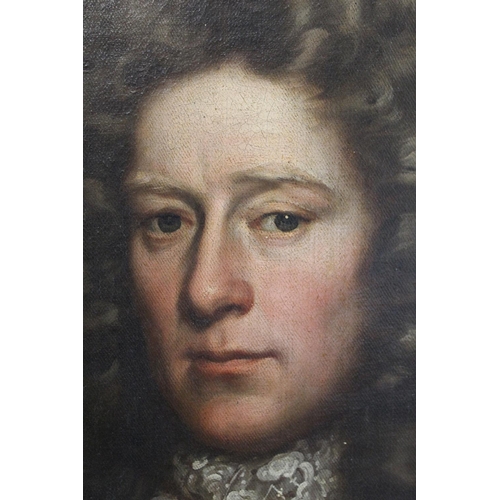 214 - Manner of John Riley.Portrait of a late 17th century aristocratic gentleman with wig and lace jabot,... 