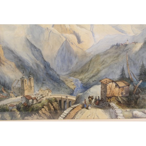 200 - Attrib. Henry Harris Lines (British 1801 - 1889).Swiss Alps mountainous landscape with village.Water... 