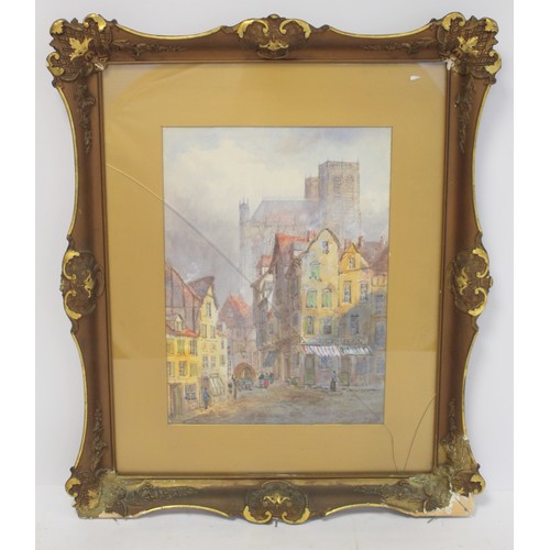 204 - E. Nevil.French street scene, Abbeville with Church of Saint-Vulfran.Watercolour.38cm x 28cm. Signed... 