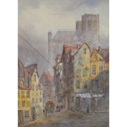 204 - E. Nevil.French street scene, Abbeville with Church of Saint-Vulfran.Watercolour.38cm x 28cm. Signed... 