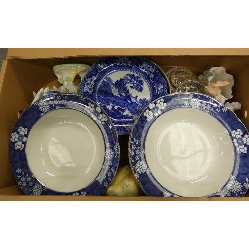 412 - Box of china and sundries including blue and white, figures, etc.