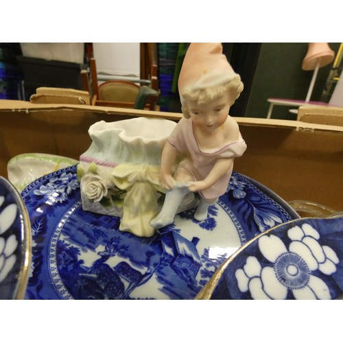 412 - Box of china and sundries including blue and white, figures, etc.