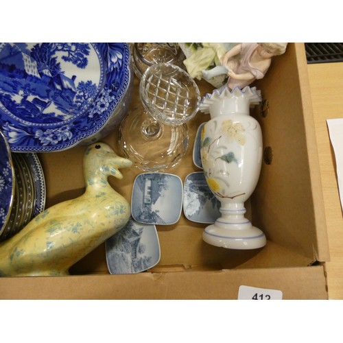 412 - Box of china and sundries including blue and white, figures, etc.