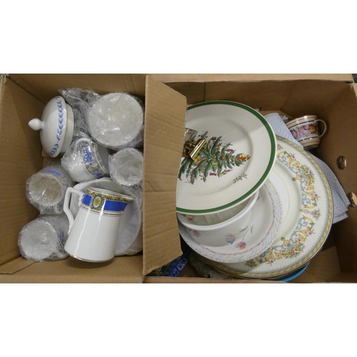 413 - Box of china and ceramics including Serves style cup, Portmeirion chamber pot, part coffee set, misc... 