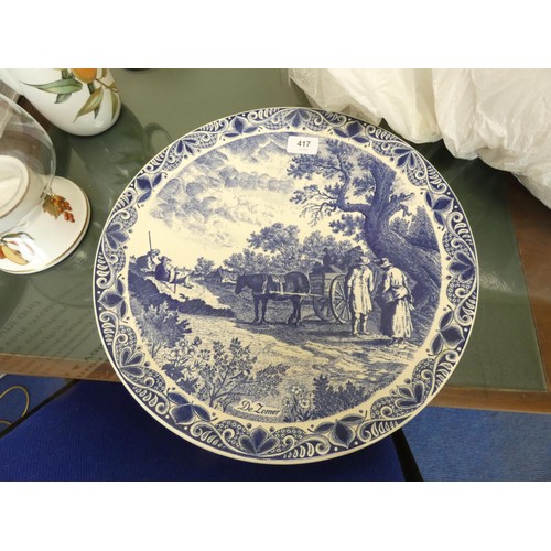 417 - Large blue and white Delft charger.