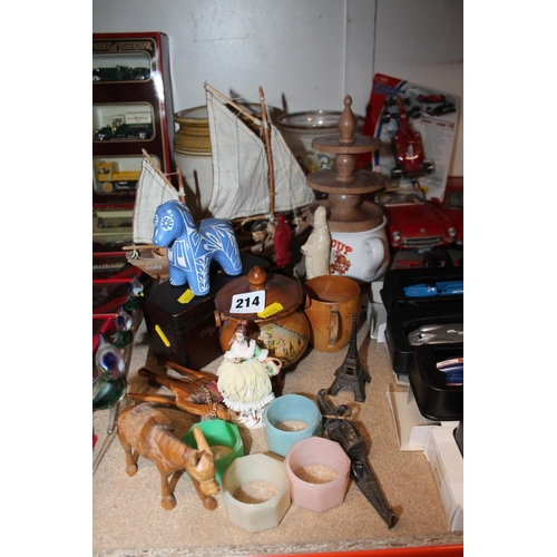 214 - Model of a ship, treen animal models, commemorative glassware, a stoneware jar, etc.