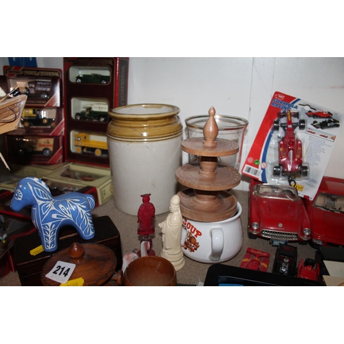 214 - Model of a ship, treen animal models, commemorative glassware, a stoneware jar, etc.