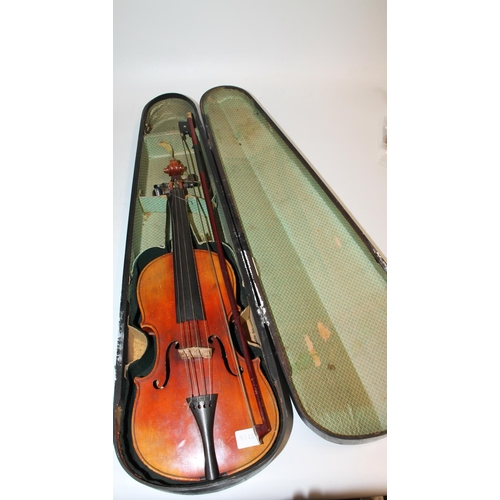 242 - Cased violin with bow, case inscribed R.W.Pentland music seller 24 Frederick Street Edinburgh.