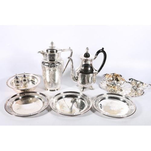 37 - Silver-plated ware to include leaf-shaped sugar and cream on matching tray, a foliate decorated hot ... 