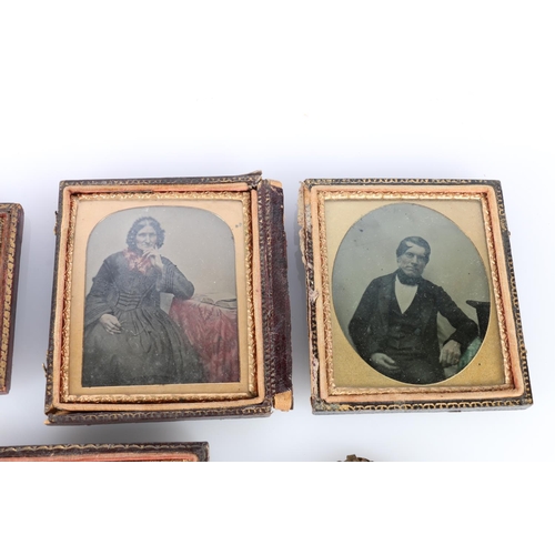 21 - Four framed daguerreotypes, and a framed oval miniature portrait.