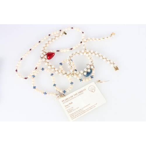 595 - Two strings of pearl necklaces, both with polished stone beads and silver clasps, 46cm, and pearl ne... 