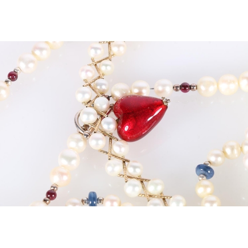 595 - Two strings of pearl necklaces, both with polished stone beads and silver clasps, 46cm, and pearl ne... 