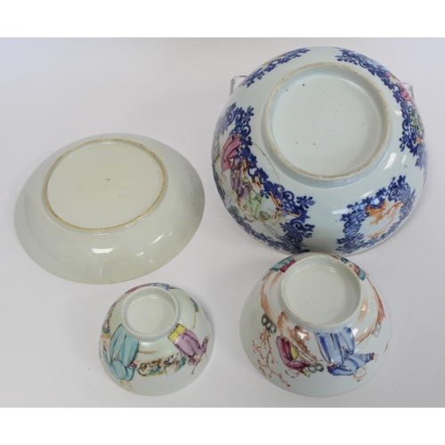 229 - Four pieces of 18th century Chinese porcelain, comprising: circular punch bowl with polychrome panel... 