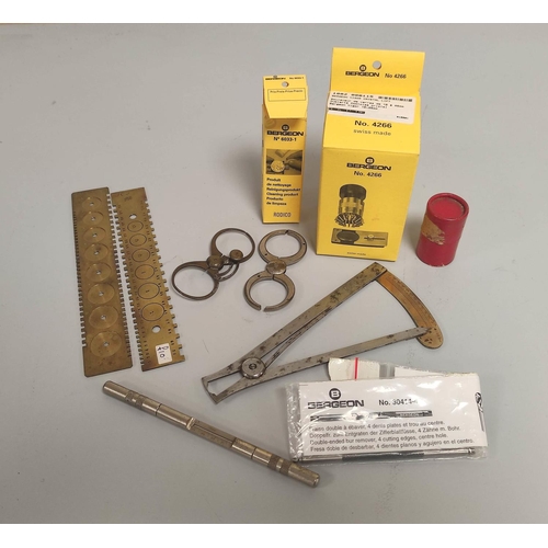 225 - Watchmakers tools collection of tools include two brass mainspring gauges, two balance truing calipe... 