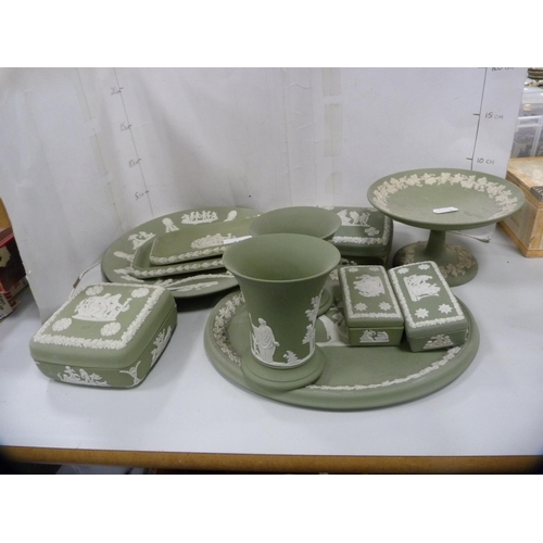 101 - Collection of Wedgwood green Jasper ware including boxes, dishes, vases, comport etc.