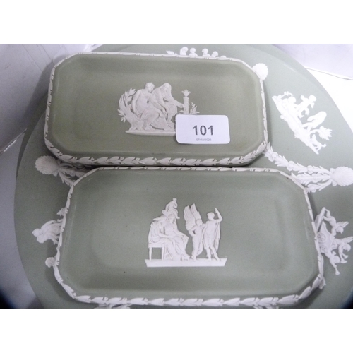 101 - Collection of Wedgwood green Jasper ware including boxes, dishes, vases, comport etc.