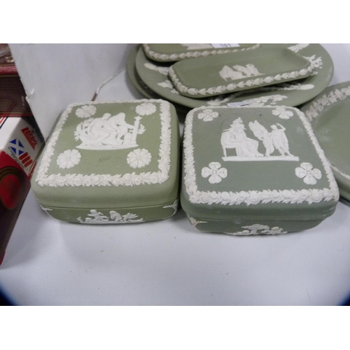 101 - Collection of Wedgwood green Jasper ware including boxes, dishes, vases, comport etc.
