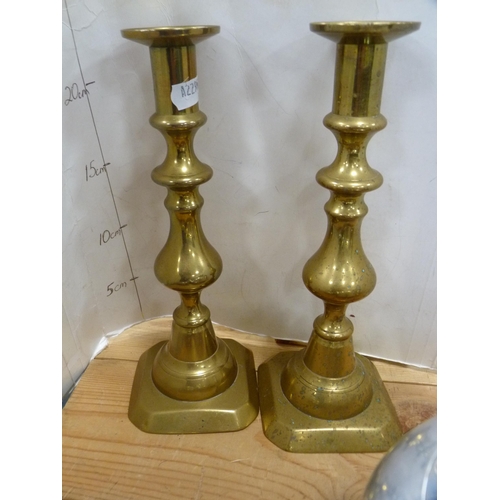 110 - Three-piece Picquot ware tea set, pair of brass candlesticks, travel iron etc.