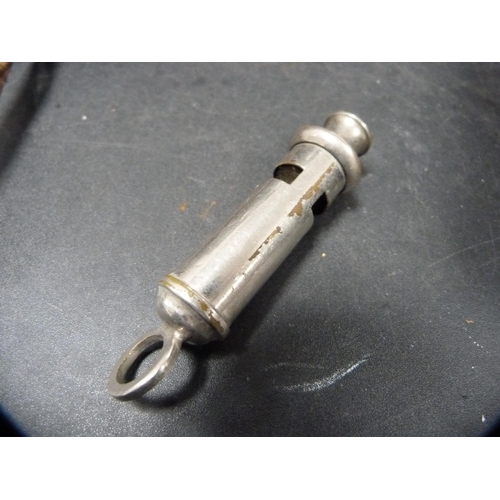 12 - Boxed gas mask and a ARP whistle by J Hudson & Co., Park Street, Hockley, Birmingham.  (2)