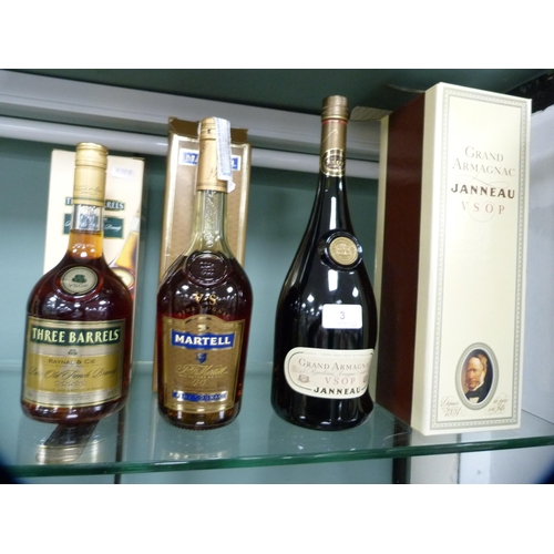 3 - Three bottles of Cognac and Armagnac to include Janneau VSOP, 1 litre, Martell Fine Cognac, 70cl, an... 
