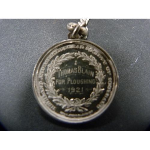 40 - Silver watch chain with 1884 one dime coin and an agricultural medal attached, silver weight 32g (ex... 